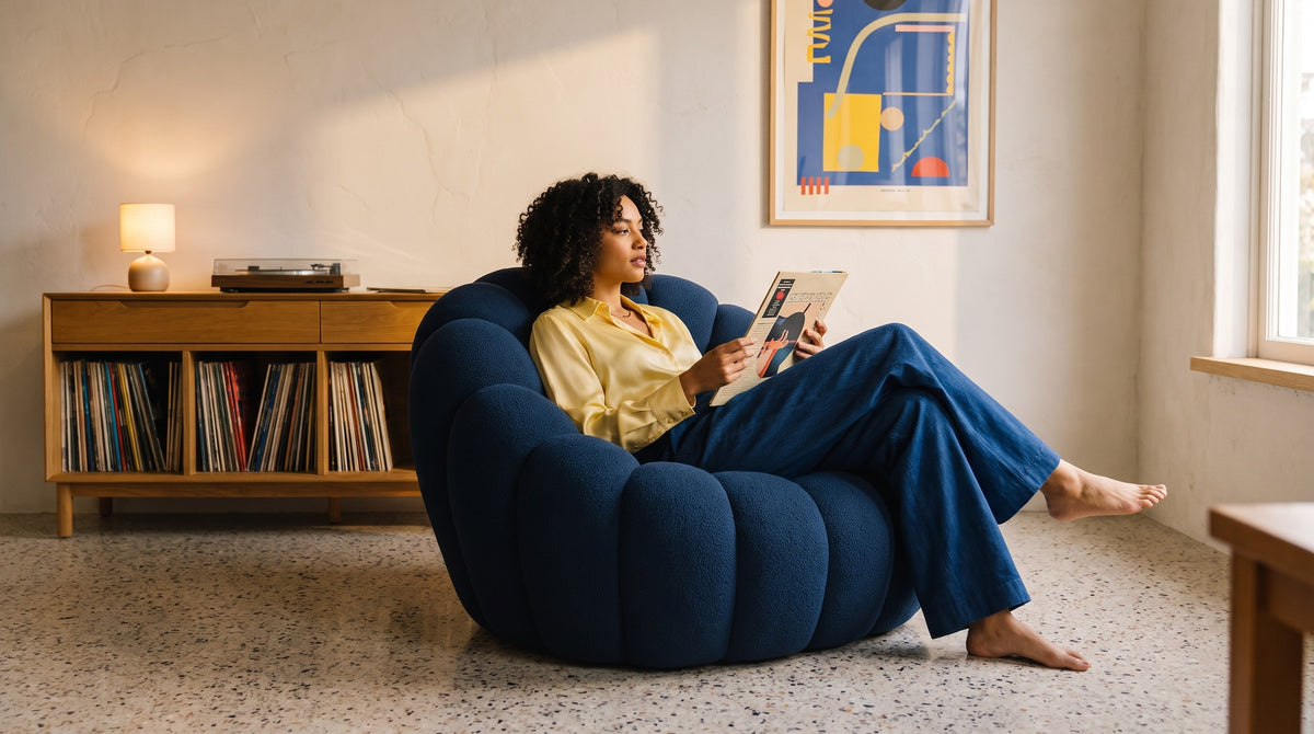 Midnight Blue Bubble lounge chair in a living room