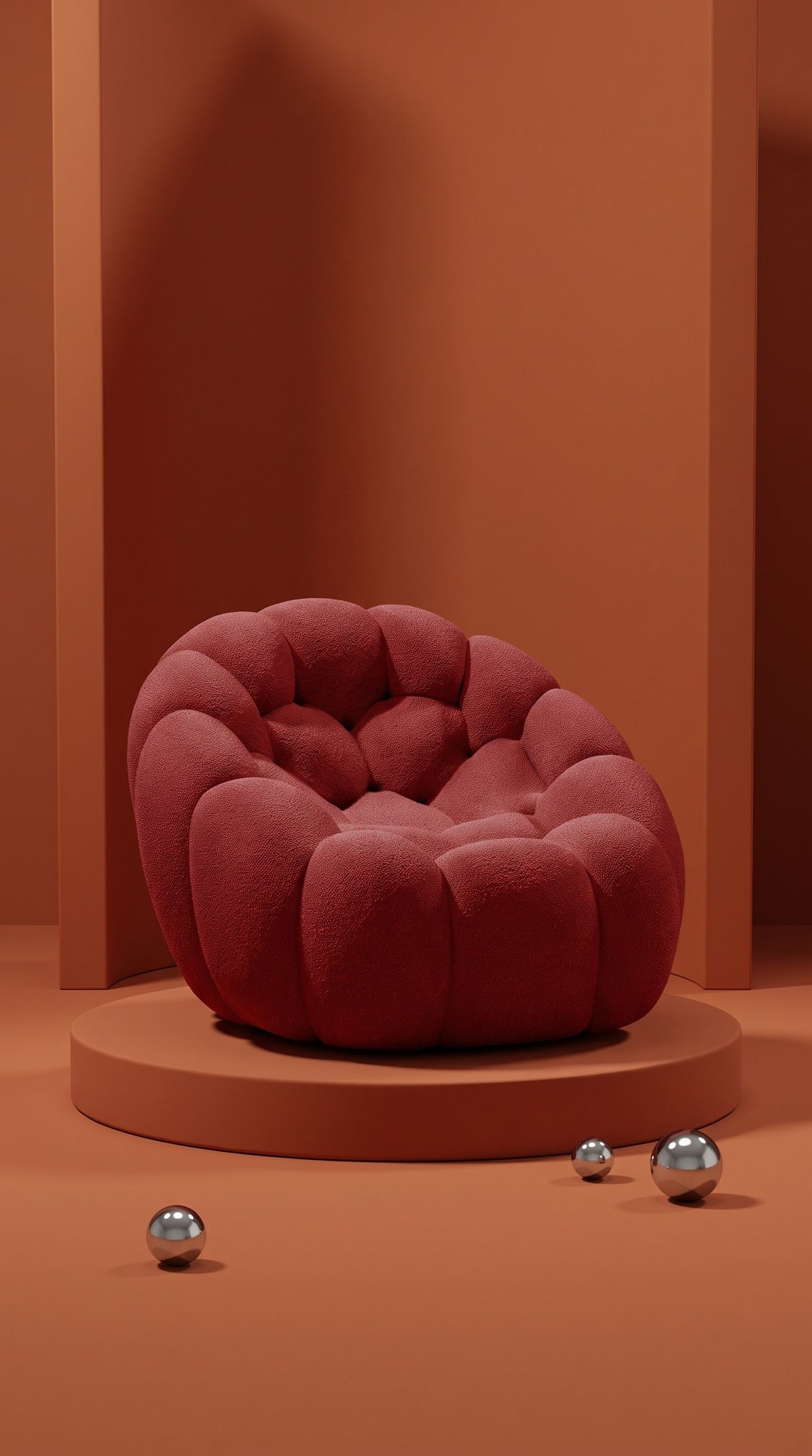 Red Bubble lounge chair — campaign portrait